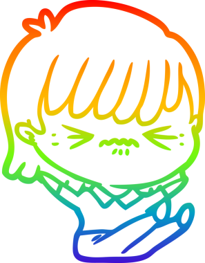 Gökkuşağı gradyan çizimi. Sinirli bir çizgi film kızı bir insan tarafından çizilmiş.