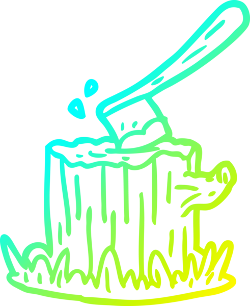 Bir insan tarafından çizilmiş ağaç kütüğüne saplanmış bir baltanın soğuk eğimli çizgisi.