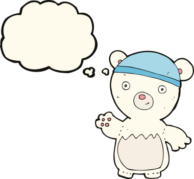 Bir insan tarafından çizilmiş düşünce baloncuklu şapka takan kutup ayısı.