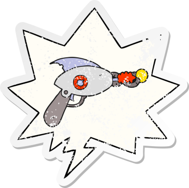 Konuşma balonlu karikatür ışın tabancası bir insan tarafından çizilmiş sıkıntılı eski bir çıkartma