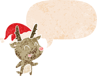 Bir insan tarafından çizilmiş, grunge dertli retro desenli konuşma baloncuklu karikatür Noel geyiği.