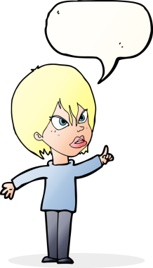 Bir insan tarafından çizilen konuşma baloncuğuyla tartışan çizgi film kadını.