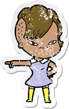 Hipster saç kesimi bir insan tarafından çizilmiş tatlı bir çizgi film kızına ait sıkıntılı bir etiket.