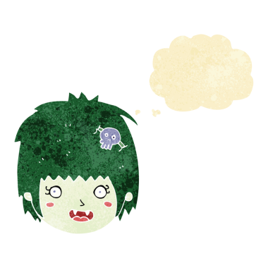 Bir insan tarafından çizilmiş düşünce balonlu mutlu vampir kız yüzü.