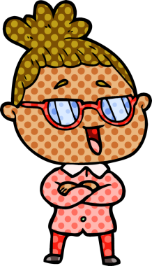 Bir insan tarafından çizilmiş gözlüklü mutlu kadın çizgi filmi.