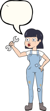 Bir insan tarafından çizilmiş serbest konuşma balonu karikatürü mekanik kadın