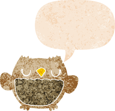 bir insan tarafından çizilmiş grunge sıkıntılı retro desenli konuşma baloncuğu ile çizgi film baykuşu