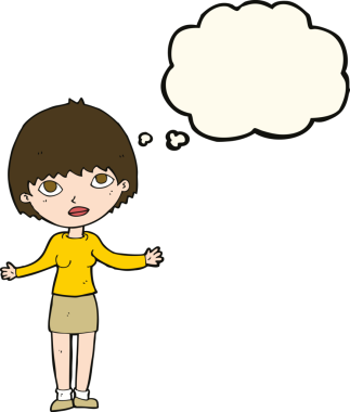 Bir insan tarafından çizilmiş düşünce baloncuğuyla omuz silken çizgi film kadını.