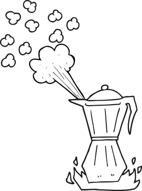 Bir insan tarafından çizilmiş siyah beyaz karikatür fırın espresso makinesi.