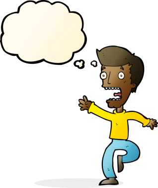 Bir insan tarafından çizilmiş düşünce baloncuğuyla dehşete düşmüş bir adam.