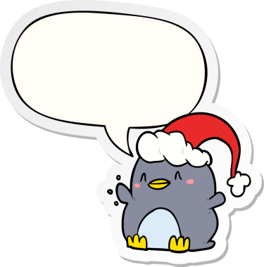 Bir insan tarafından çizilmiş balon çıkartmalı Noel şapkası takan penguen çizgi filmi.