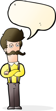 Bir insan tarafından çizilmiş konuşma balonlu bıyıklı bir çizgi film adamı.