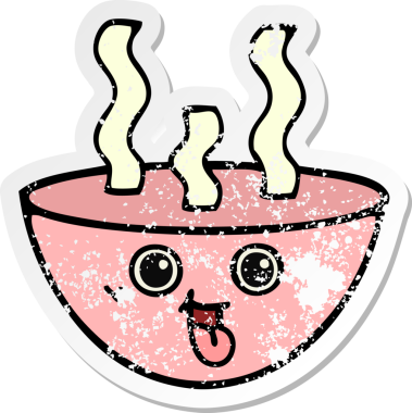 Bir insan tarafından çizilmiş sıcak çorba kasesinin hüzünlü çıkartması.