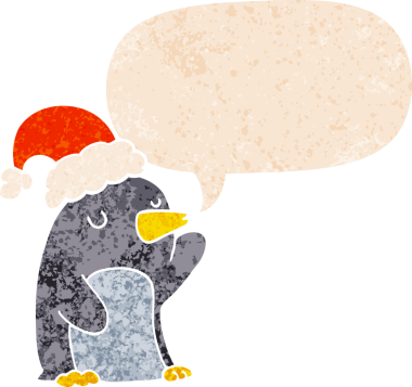 Hoş bir karikatür pengueni, grunge 'da konuşma baloncuğu olan sıkıntılı eski moda bir insan tarafından çizilmiş