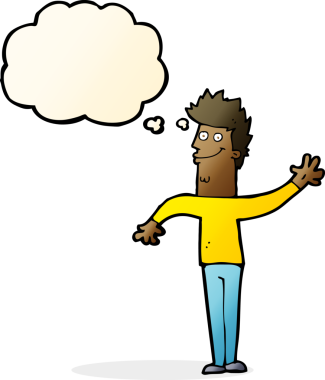 Bir insan tarafından çizilmiş düşünce balonlu mutlu sallanan adam.