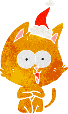 Bir insan tarafından çizilmiş Noel Baba şapkası takan bir kedinin komik el çizimi karikatürü