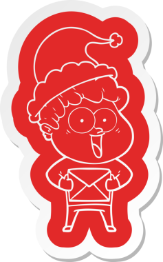 Bir insan tarafından çizilmiş Noel Baba şapkası giyen mutlu bir adamın garip çizgi film çıkartması.