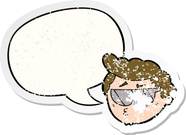 Güneş gözlüğü takan, konuşma baloncuklu çizgi film çocuğu bir insan tarafından çizilmiş sıkıntılı eski bir çıkartma.