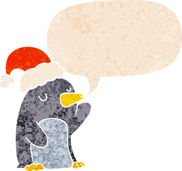 Hoş bir karikatür pengueni, grunge 'da konuşma baloncuğu olan sıkıntılı eski moda bir insan tarafından çizilmiş