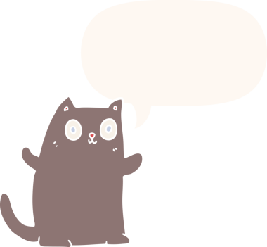 Konuşma baloncuğu olan çizgi film kedisi insan tarafından çizilmiş.