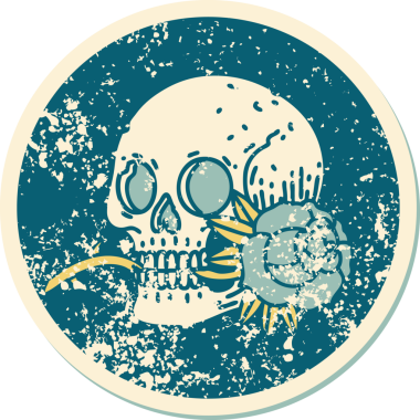 Bir insan tarafından çizilmiş kafatası ve gülün sembolik dövmeli görüntüsü.