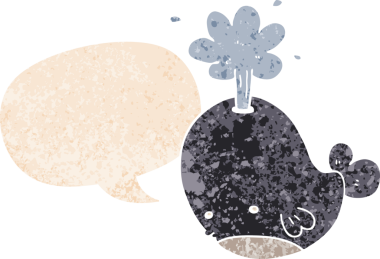 Bir insan tarafından çizilmiş grunge sıkıntılı retro stili balina konuşma balinası püskürten çizgi film