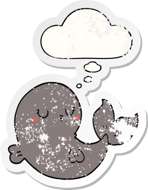 Düşünce baloncuğu olan sevimli çizgi film balinası bir insan tarafından çizilmiş yıpranmış bir çıkartma.