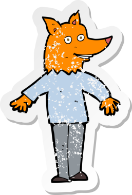 Bir insan tarafından çizilmiş mutlu tilki adam çizgi filminin kederli retro yapıştırması.