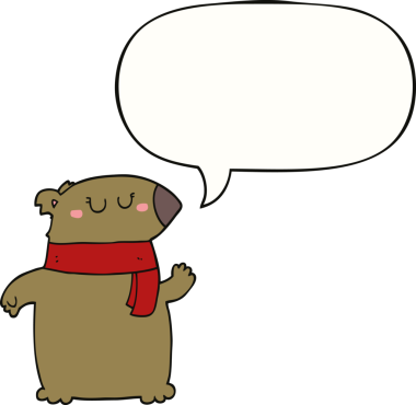 Bir insan tarafından çizilmiş konuşma baloncuklu eşarplı çizgi film ayısı.