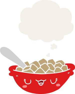 Bir insan tarafından çizilmiş düşünce baloncuklu tatlı mısır gevreği kasesi.