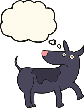 Bir insan tarafından çizilmiş düşünce balonlu komik çizgi film köpeği.