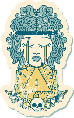 Ağlayan bir insan barbarının grunge çıkartması. Bir insan tarafından çizilmiş doğal bir D20 rulosu.