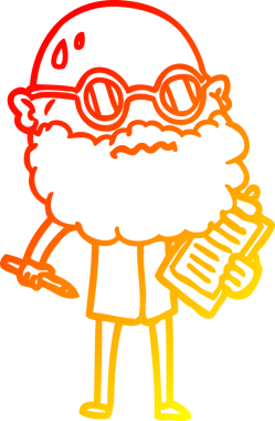 Sıcak bir çizgi film çizimi sakallı ve güneş gözlüklü endişeli bir adamın bir insan tarafından çizildiğini gösteriyor.