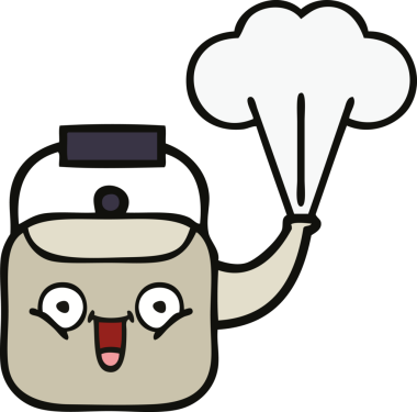 Bir insan tarafından çizilmiş dumanı tüten bir çaydanlığın sevimli çizgi filmi.