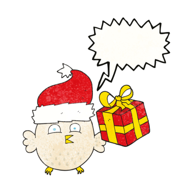 Bir insan tarafından çizilmiş serbest konuşma balonu desenli karikatür noel baykuşu.