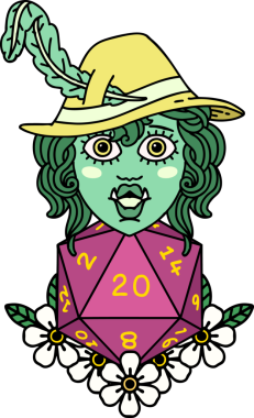 Retro Dövme Biçimi Yarı Ork Ozanı Bir insan tarafından çizilmiş 20 zar ile