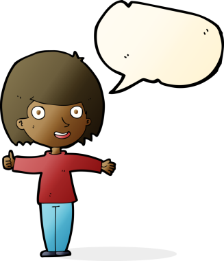 Bir insan tarafından çizilmiş konuşma balonlu mutlu kadın çizgi filmi.