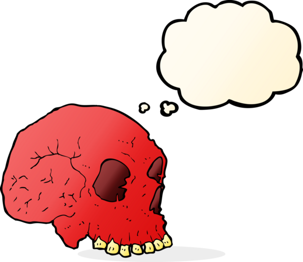 Bir insan tarafından çizilmiş düşünce baloncuklu garip kafatası.