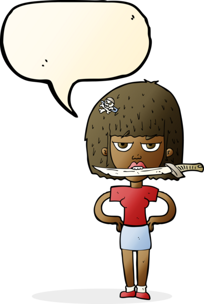 Bir insan tarafından çizilmiş konuşma baloncuğuyla dişlerinin arasında bıçak taşıyan çizgi film kadını.