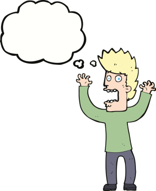 Bir insan tarafından çizilmiş düşünce baloncuğuyla dehşete düşmüş bir adam.