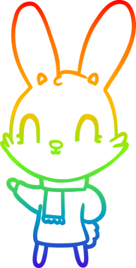 Gökkuşağı gradyan çizgisi. Bir insan tarafından çizilmiş kıyafetleri olan sevimli bir tavşan çizimi.