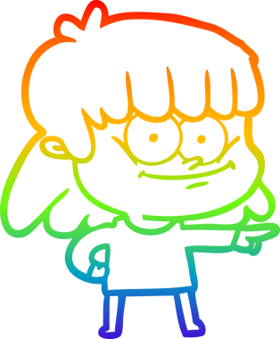 Gökkuşağı gradyan çizimi bir insan tarafından çizilmiş gülümseyen bir çizgi kız çizimi