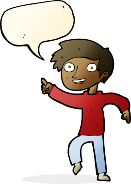 Bir insan tarafından çizilmiş konuşma balonuyla işaret eden mutlu çocuk çizgi filmi.