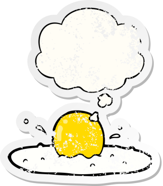 Düşünce baloncuklu karikatür yumurta insan tarafından çizilmiş yıpranmış bir çıkartma.