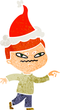 Bir insan tarafından çizilmiş Noel Baba şapkası giymiş kızgın bir adamın el çizimi karikatürü.