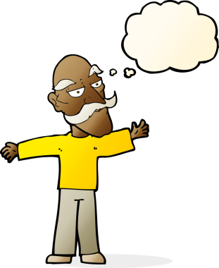 Bir insan tarafından çizilmiş düşünce baloncuğuyla kollarını açan yaşlı adam çizgi filmi.