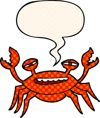 Bir insan tarafından çizilmiş çizgi roman tarzında konuşma baloncuklu bir yengeç.