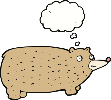 Bir insan tarafından çizilmiş düşünce baloncuklu komik çizgi film ayısı.