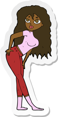 Bir karikatür çıkartması. Çekici bir kadın. Bir insan tarafından çizilmiş.