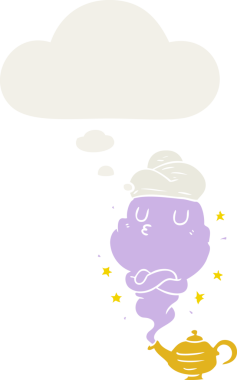 Düşünce baloncuğu olan çizgi film cini bir insan tarafından çizilmiş.